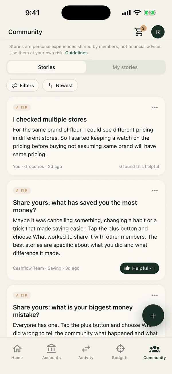 Community stories feed with filters and sort