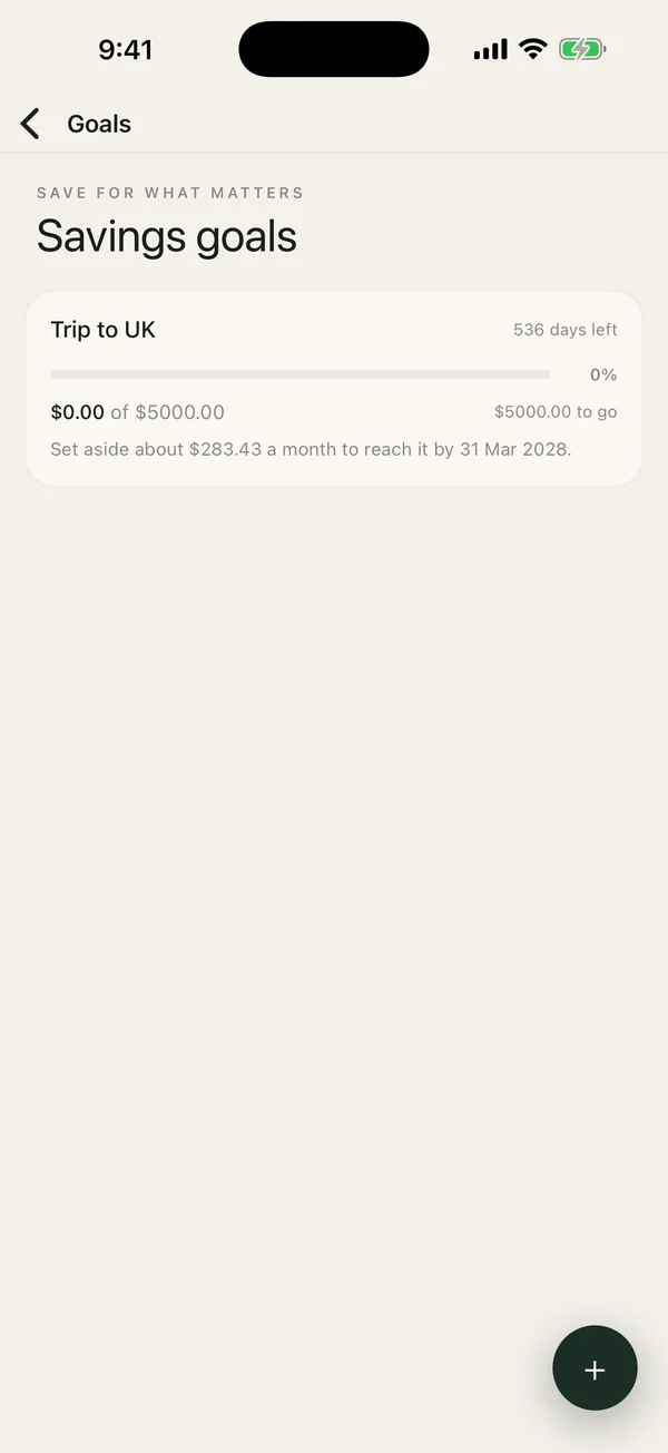 Savings goals screen showing the monthly pace to reach a goal