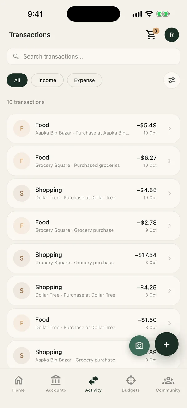 Cashflow: Budget Manager transactions list with categorized expenses, search and filters