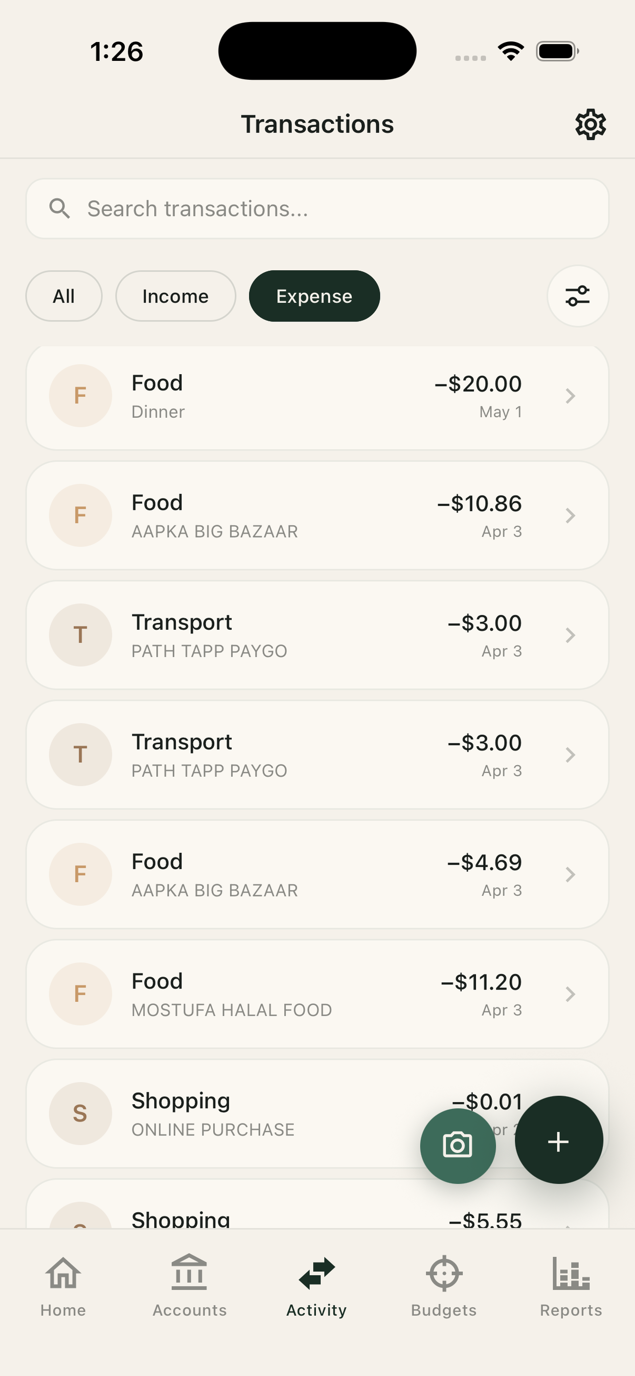 Transactions list with search, type filters, and scan buttons