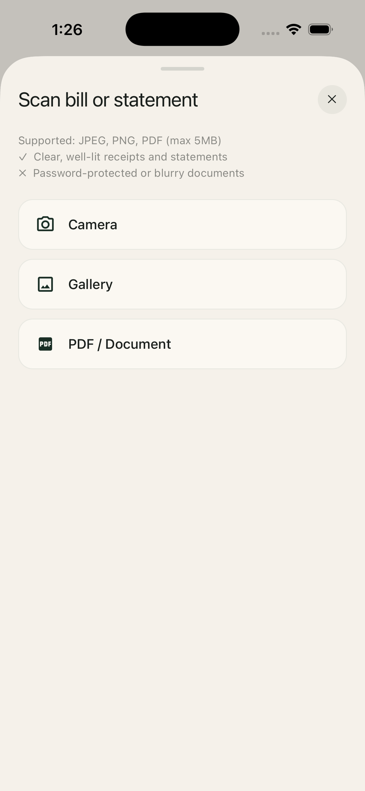 Cashflow: Budget Manager iOS bill scanning screen with camera, gallery, and PDF document options